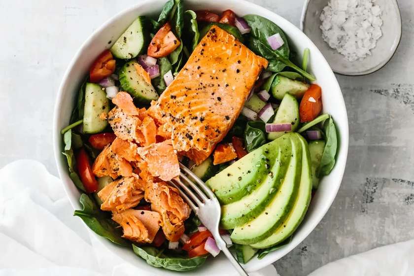 Salmon salad with avocado puree