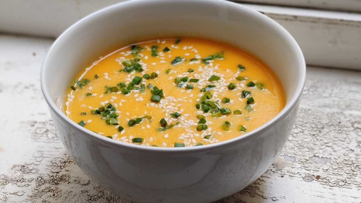 Roasted Vegetable Cream Soup, Herb Pesto