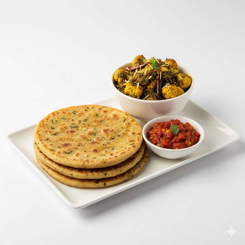 Herbs Roti (Ghee) with Cauliflower cooked with Himalayan herbs + special tomato aachar