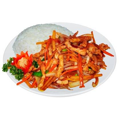 27. Vepřové Nudličky v Pálivé Omáčce s Rýží