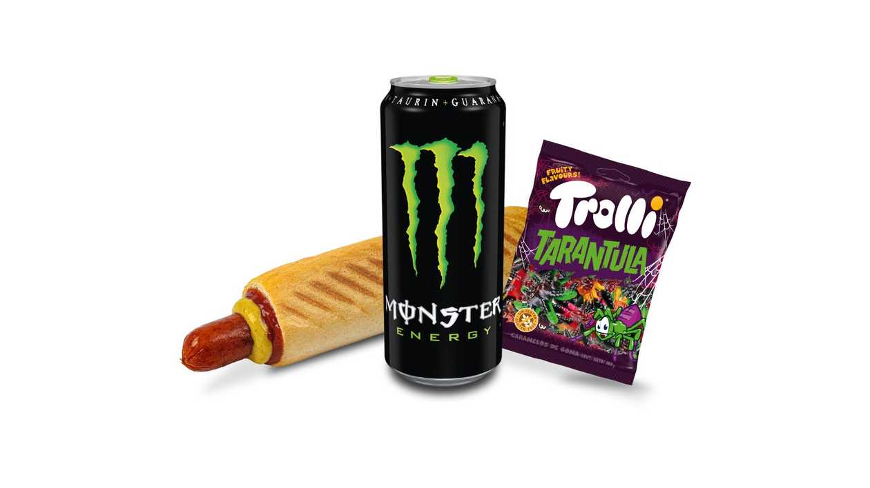 Trolli Tarantula jelly candies 100g; Monster Mega energy 0.553D Netherlands/Serbia; French hot dog with Kabanos 75g sausage
