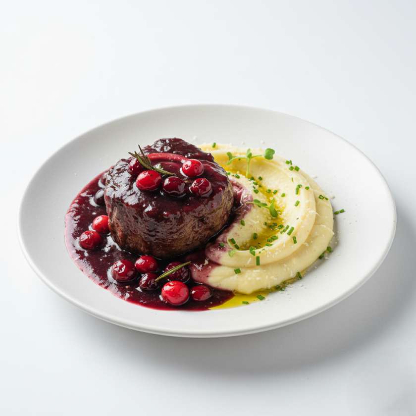 Jõhvika-veinikastmes hautatud veisepõsk, trühvlipüreega