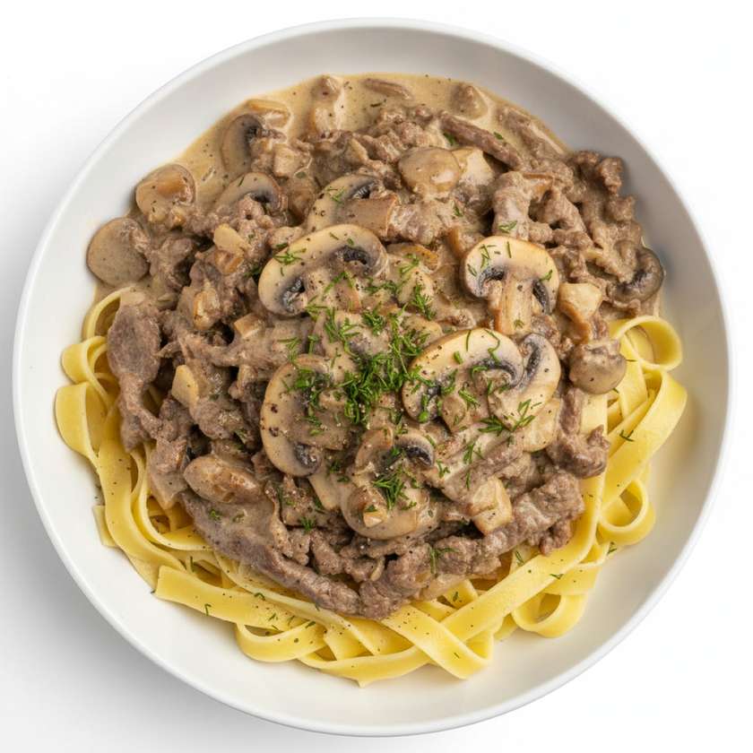 Böfstrooganov koores hautatud seente ja koduste nuudlitega