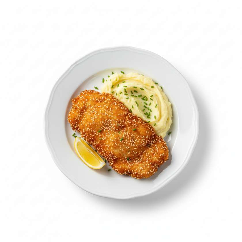 Smažený krůtí řízek, bramborová kaše, rajčatový salátek