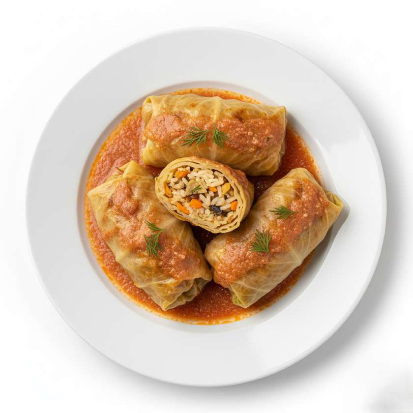 Vanaema kapsarullid täidetud riisi, aedviljade ja seentega