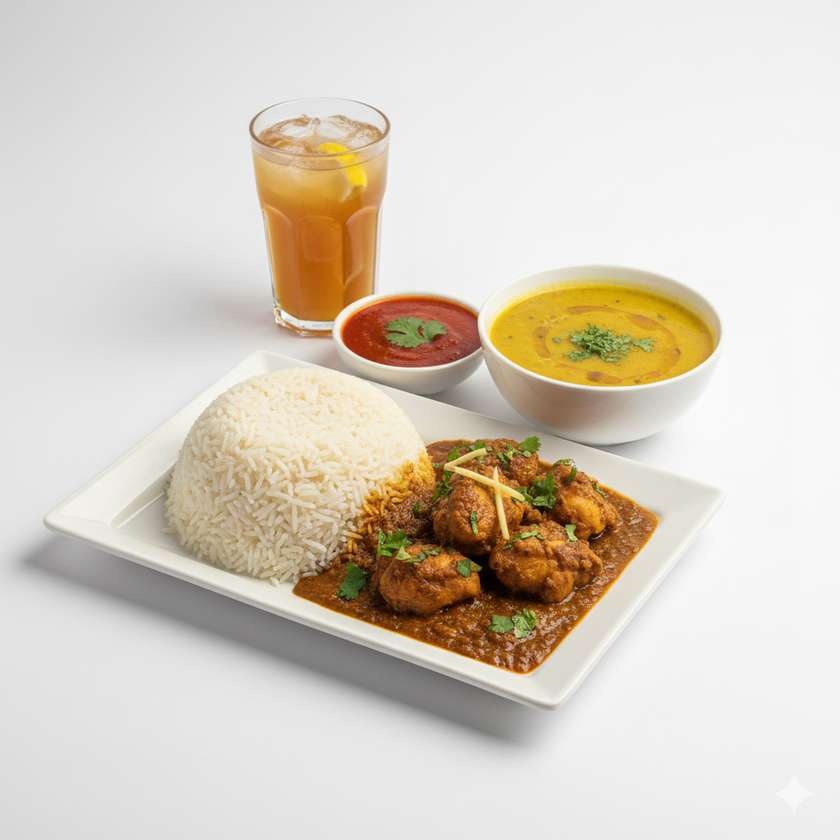 Special Rice with Chicken in gravy cooked with Himalayan herbs + special tomato sauce