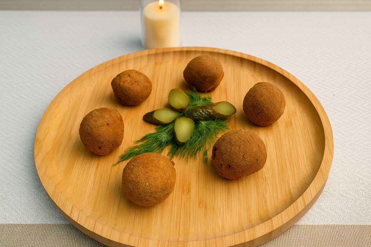 Bean balls with pickled cucumbers