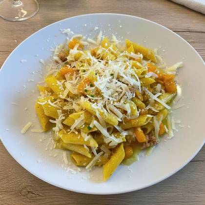PENNE WITH FRESH SALSICCIA,PUMPKIN AND PECORINO
