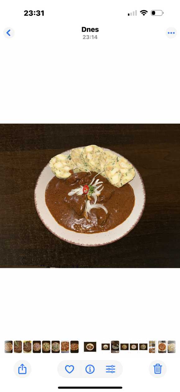 Beef Goulash with Dumplings and Red Onion