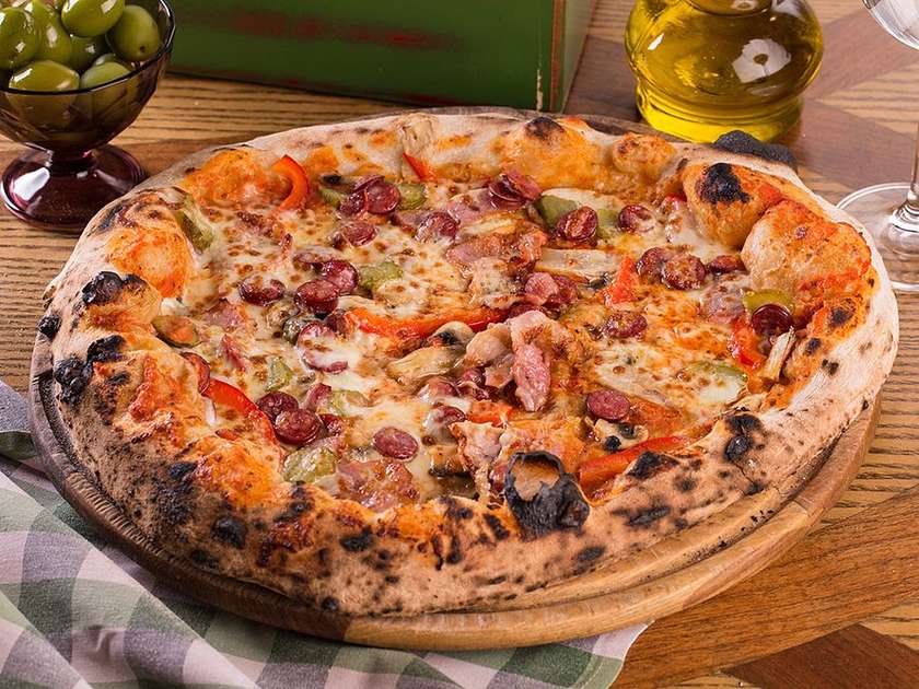 Hunter's Pizza with Sausages, Mushrooms and Mustard Sauce