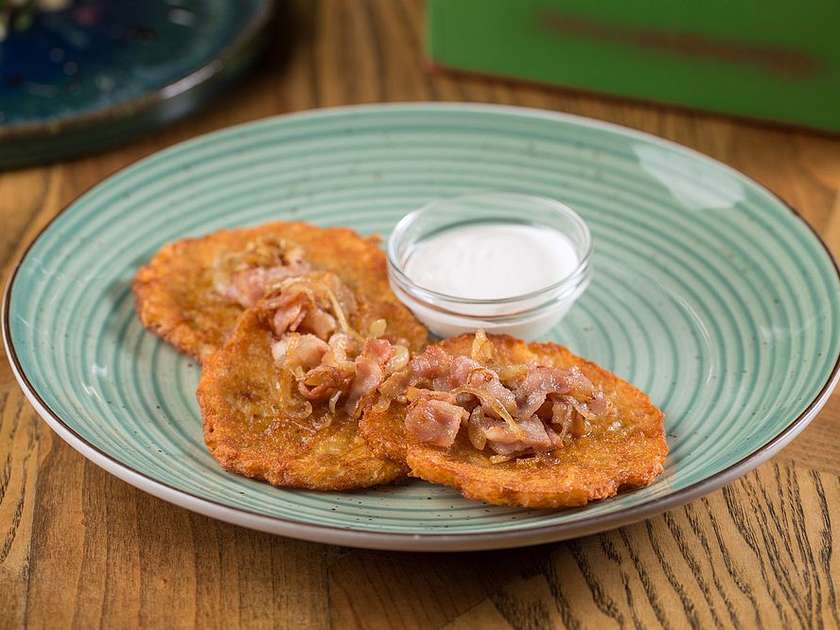 Potato Pancakes with Crispy Bacon, served with Sour Cream