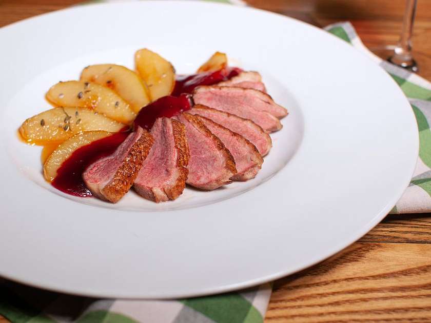 Duck breast with stewed honey pear