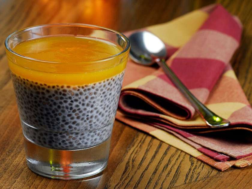Chia Seeds in Almond Milk with Passion Fruit Sauce