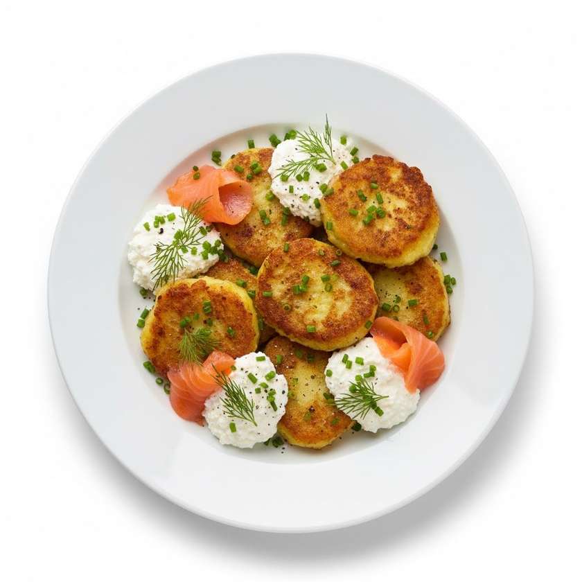 Potato herds with curd and salmon