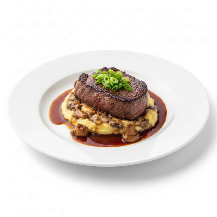 Filetto di manzo alla ROSSO con puré di patate-porcini,fondo bruno, cipollotto