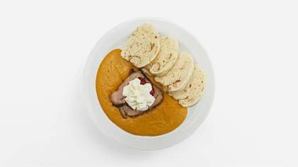 Svíčková (Sirloin in Cream Sauce), Bread Dumplings, Cranberries, Whipped Cream