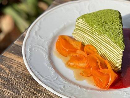 Matcha Cake with Raspberry-Yuzu Sauce