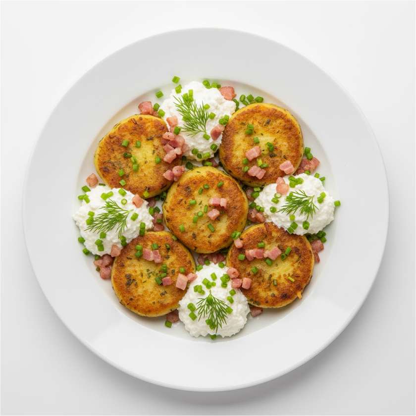 Potato herds with curd and bacon