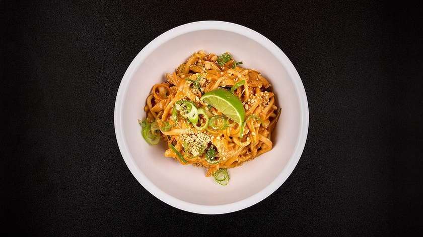Udon Noodles with Chicken and Peanut-Tomato Sauce