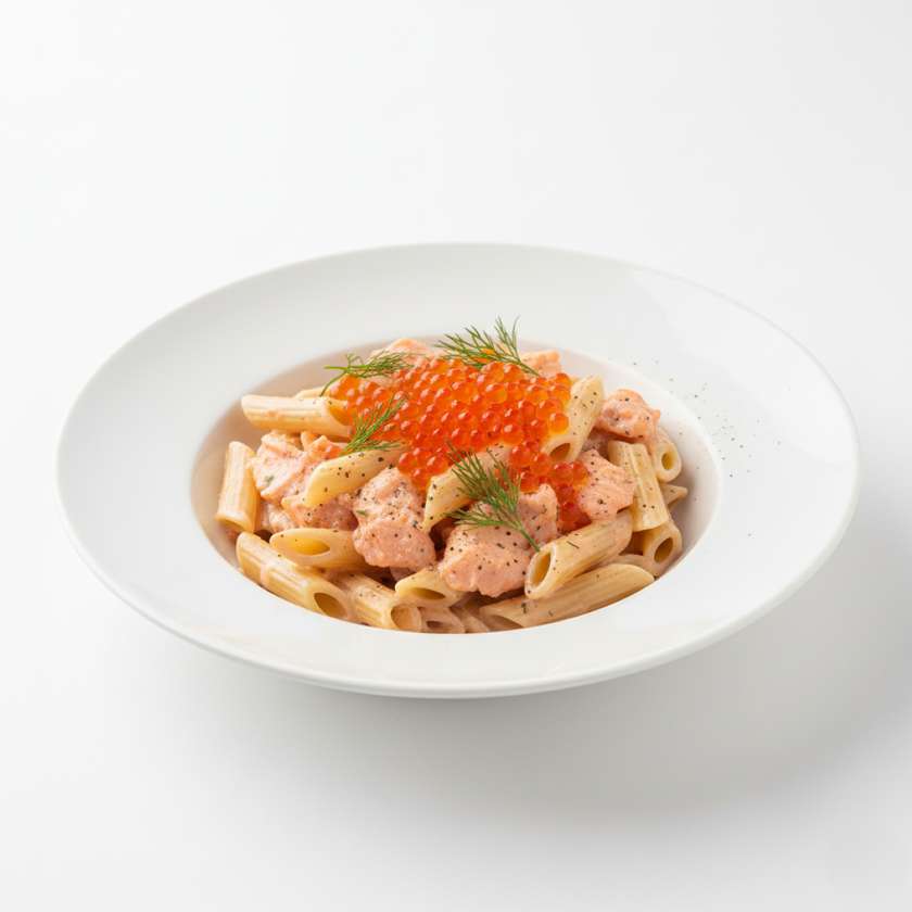 Penne con salmone in salsa rosa e uova di salmone