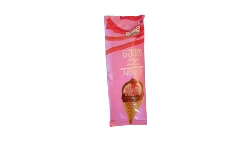 Ice Cream Nouveau With Strawberry Flavor In A Dark Glass Sugar Waffle Cone With Strawberry Sauce And Milk Chocolate
