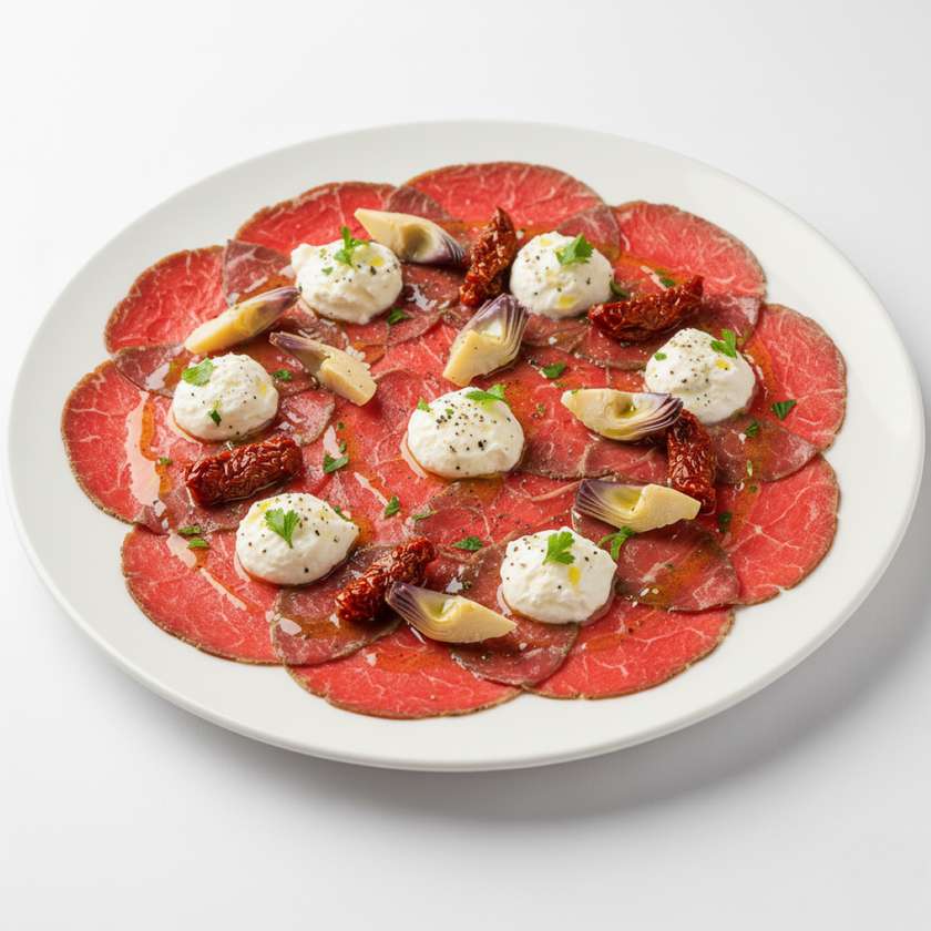 Carpaccio di manzo con rucola, pomodorini e scaglie di parmigiano
