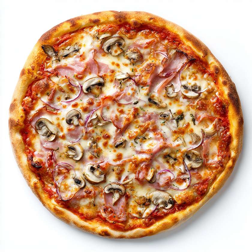 Pizza with ham and mushrooms