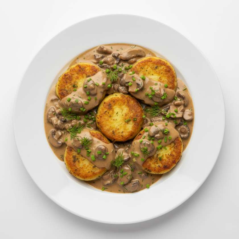 Potato herds with boletus sauce