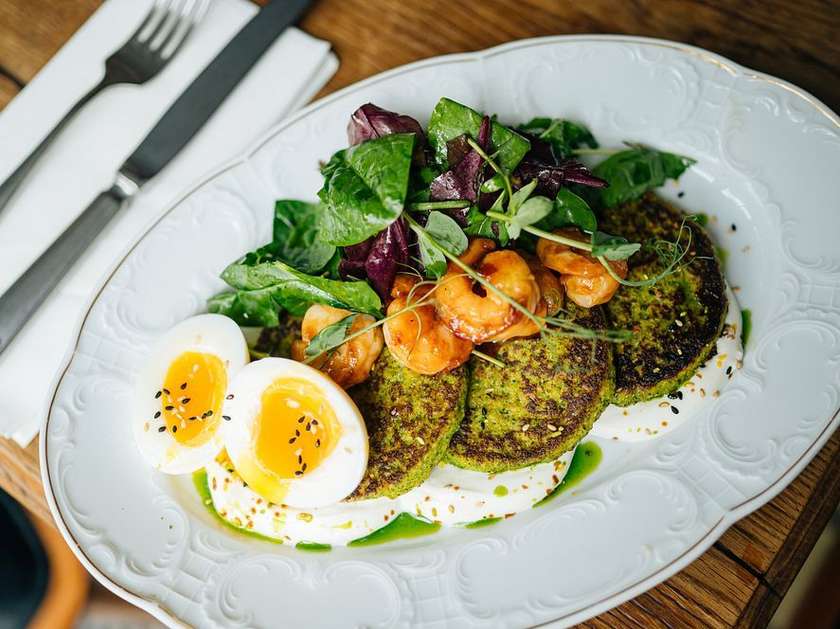 Broccoli Pancakes with Shrimp, Soft Egg, and Coconut Yogurt