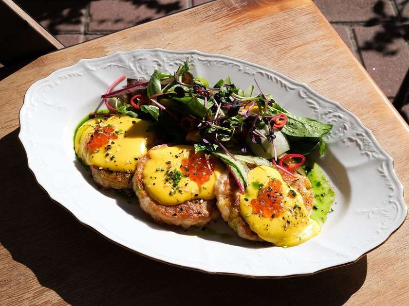 Shrimp pancakes, fish hollandaise