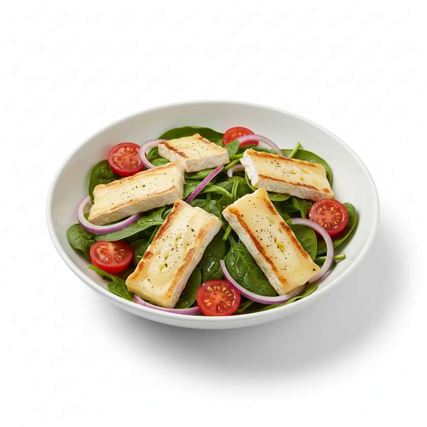 Šalát s grilovaným enciánom na baby špenáte s paradajkami a červenou cibuľou