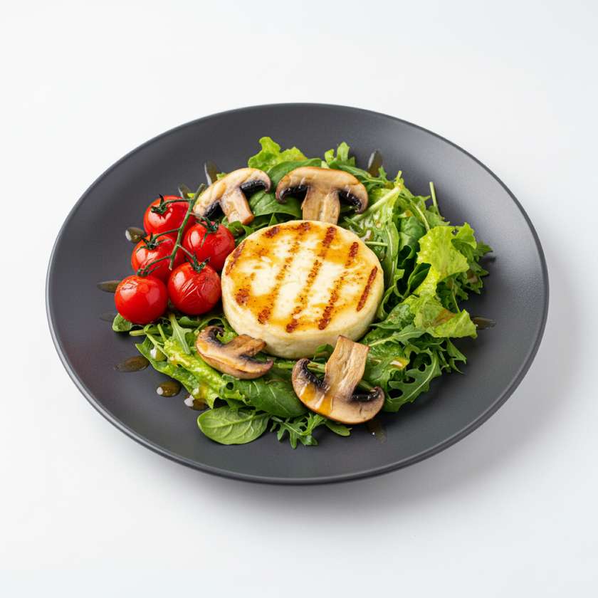 Grilled camembert cheese with grilled cherry tomatoes, champignons and lettuce salad with honey dressing