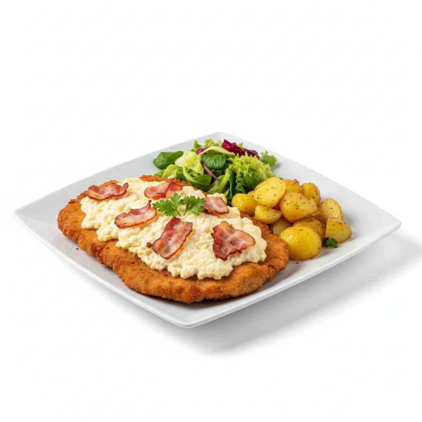 Baked pork schnitzel with bacon, blue cheese and onion chutney