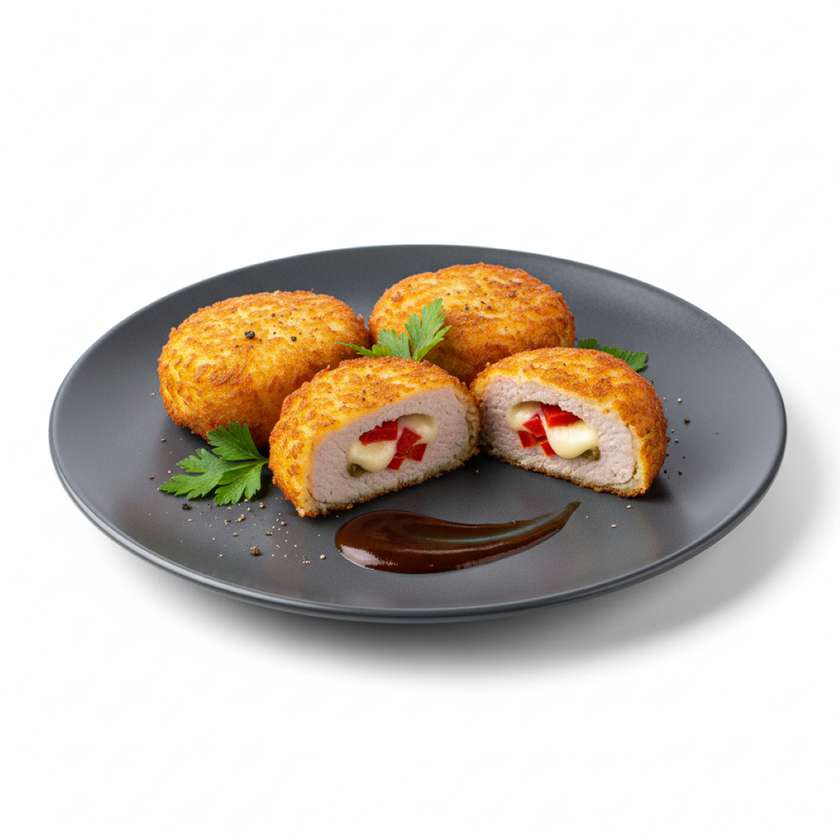 Pork tenderloin filled with smoked cheese and spicy peppers in potato batter