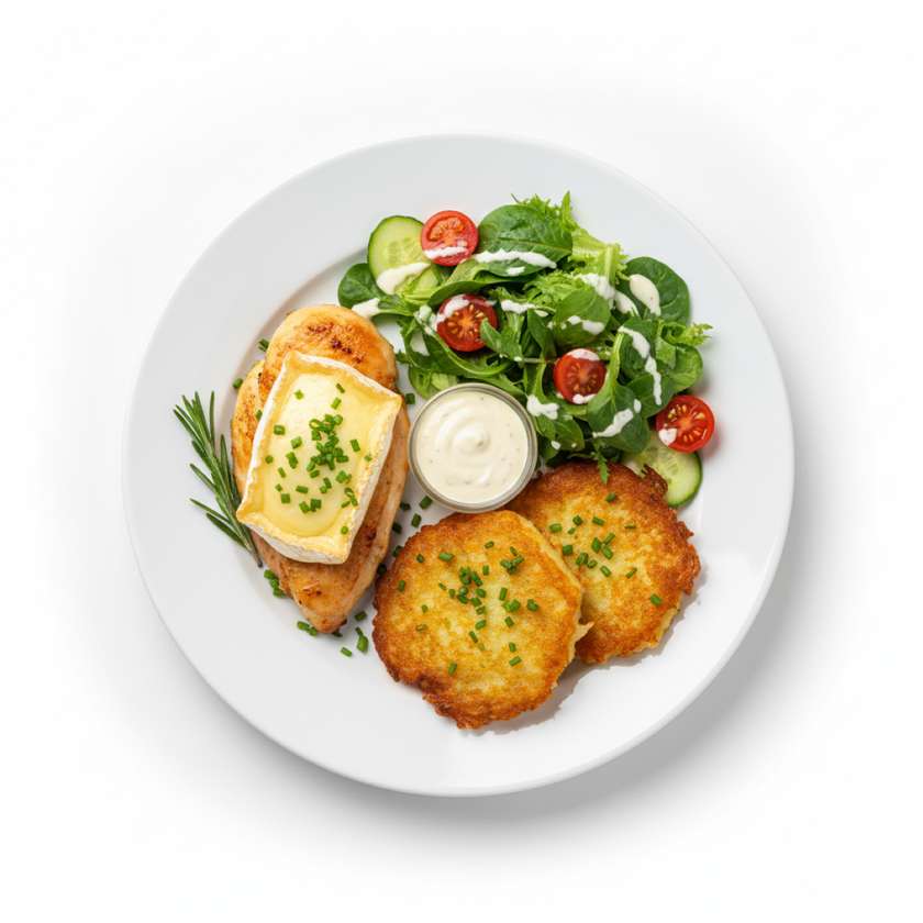 Chicken breasts baked with camembert cheese, with potato pancakes, lettuce, dressing