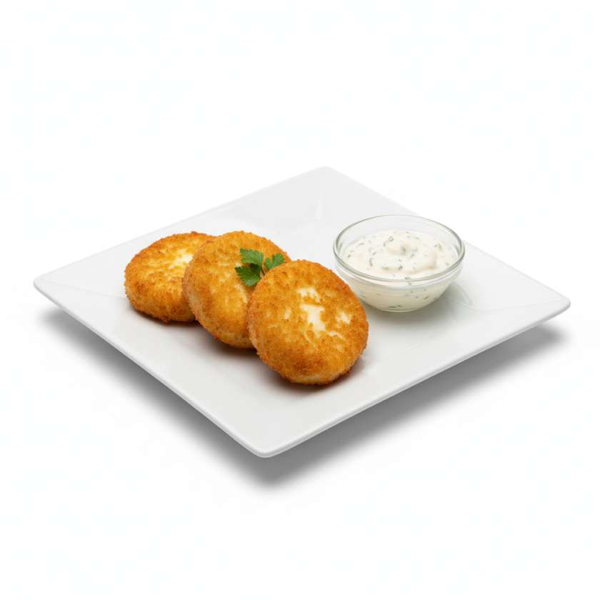 Olomouc cheese in potato batter with garlic dressing