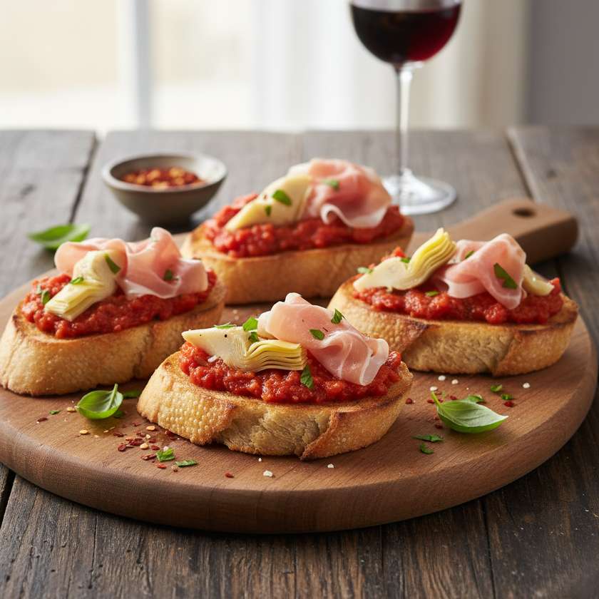 BRUSCHETTA Tomato sauce Artichokes and Ham