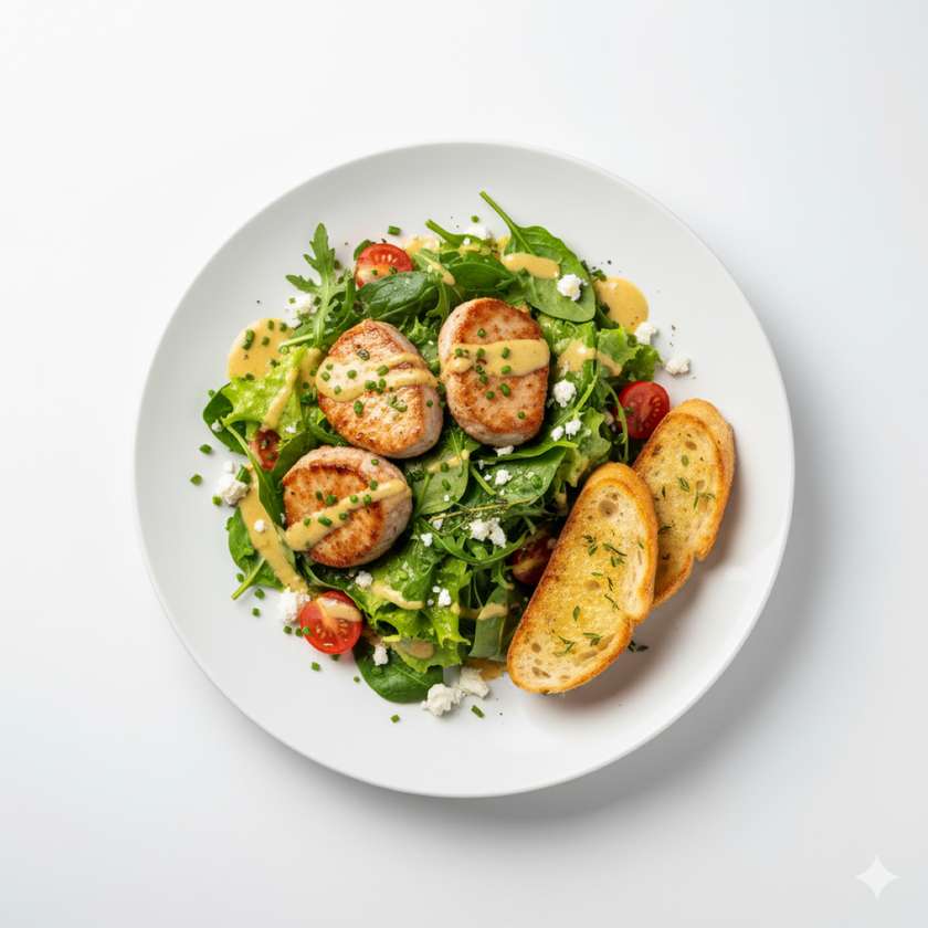 Pork tenderloin with mustard-honey sauce, lettuce, feta cheese, cherry tomatoes and toast