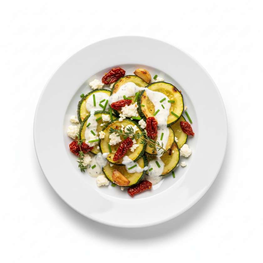 Baked zucchini with hallomi cheese, cherry zomato and garlic dressing