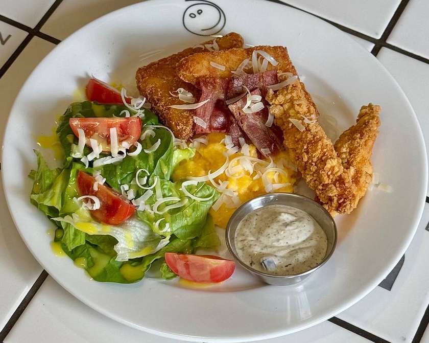 With Chicken Strips, Scramble, and Hash Browns