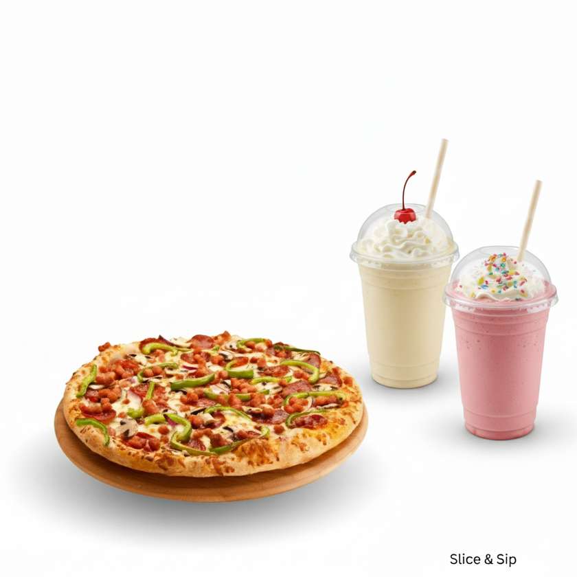 1 Large Deluxe pizza with 2 Milkshakes (500ml)