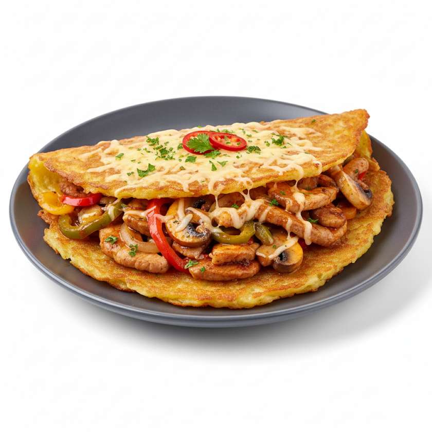 Spicy sauté of pork with champignons and vegetable in potato pancakes, cheese