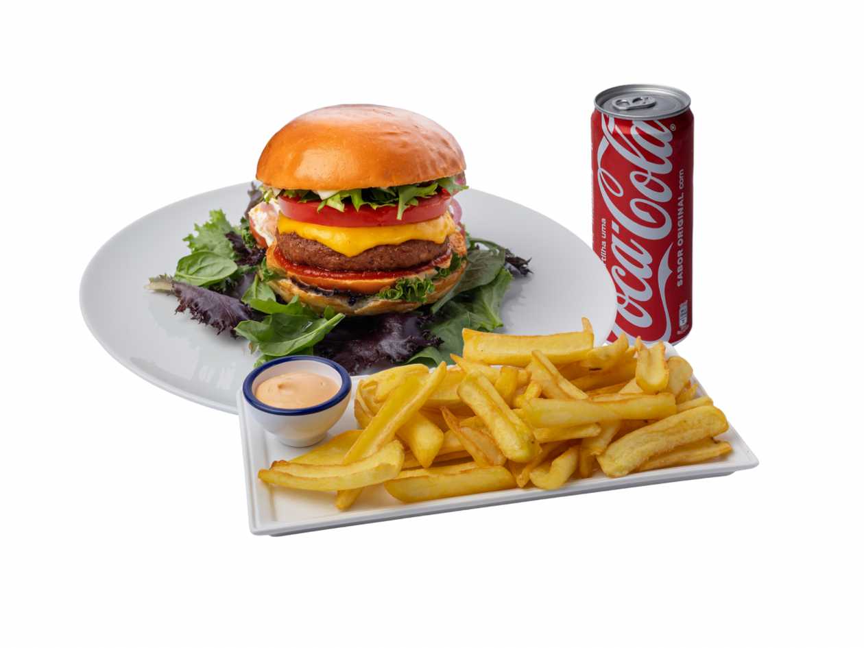 Cheeseburger + French fries + Coca Cola