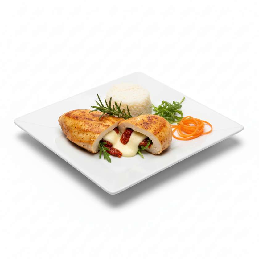 Chicken breasts au naturel filled with mozzarella, sun-dried tomatoes, arugula with cheese sauce