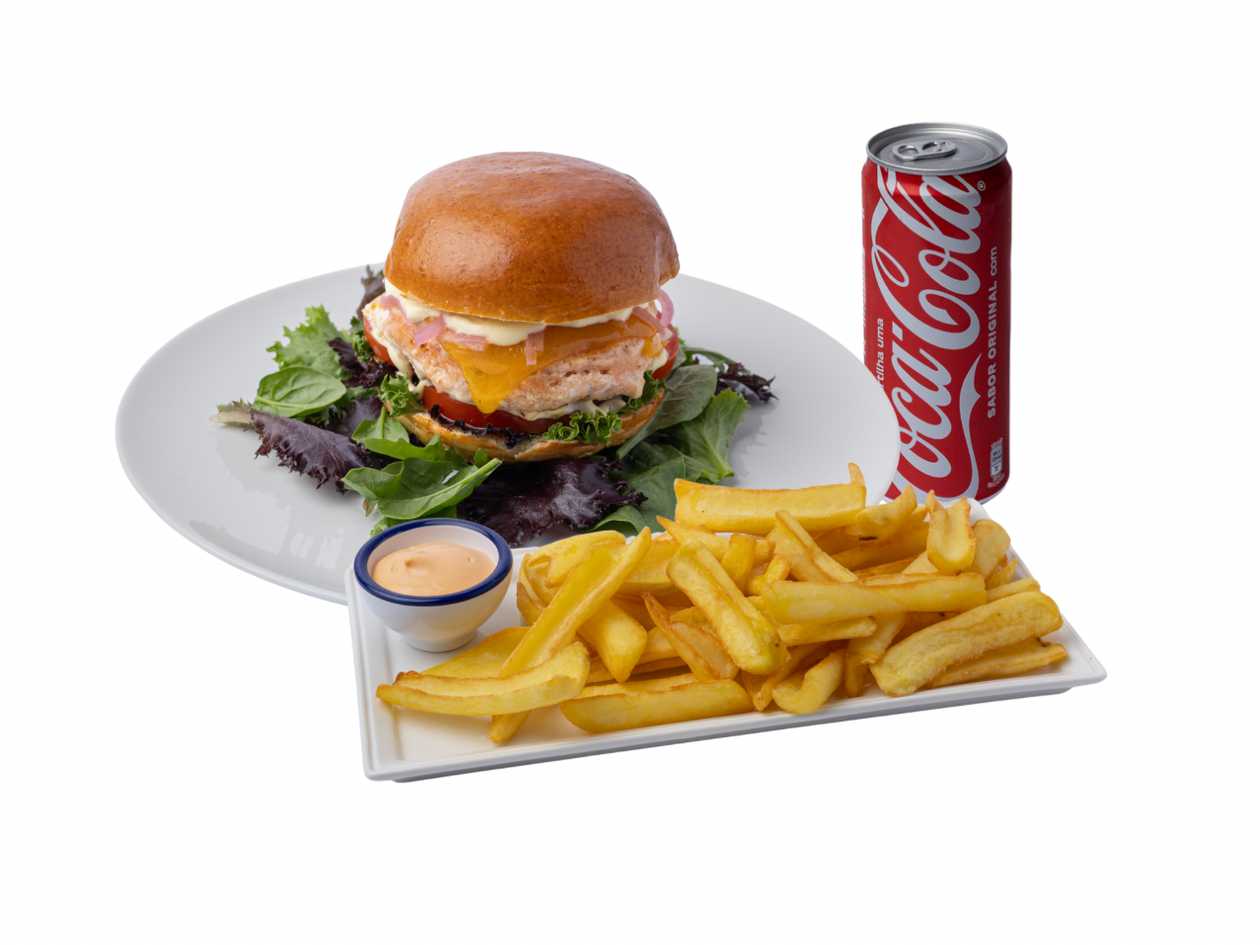 Salmon burger + fries + drink