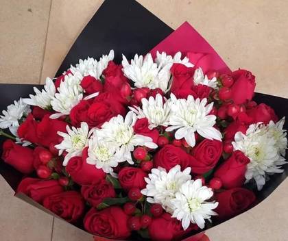 Mixed Red Roses, White Mums with Berries