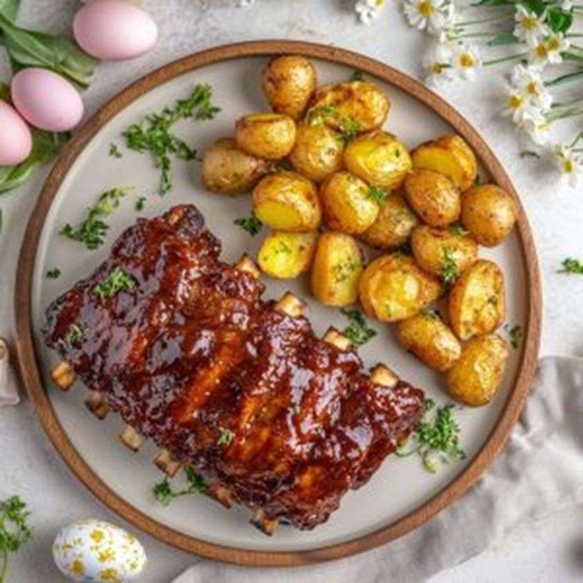Coaste de porc cu sos BBQ cu cartofi aromatizati