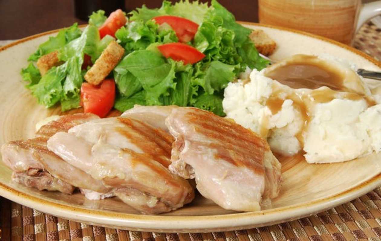 Grilled Boneless Chicken Thighs with Mashed Potatoes and Cabbage Salad