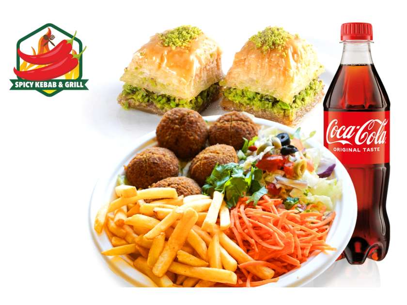 🌿 Zestaw Talerz Falafel (5 szt )+ Coca-Cola 500ml + Baklawa (2 szt.)