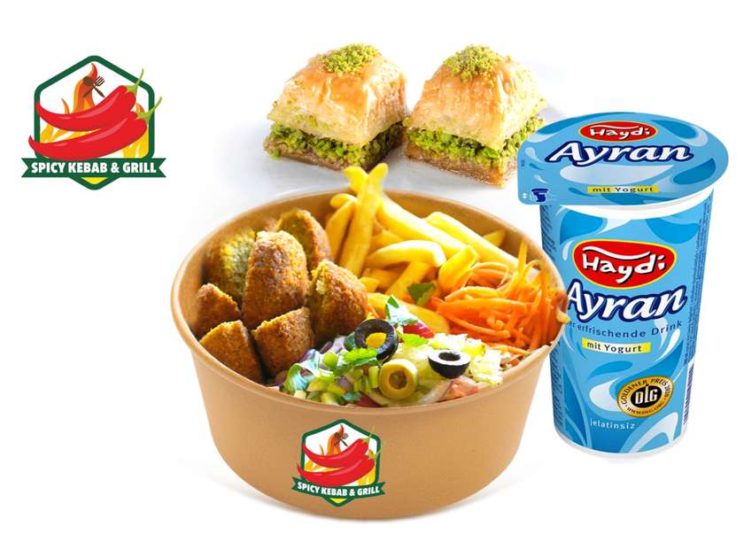🌿 Zestaw Falafel Box + Ayran + Baklawa (2 szt.)